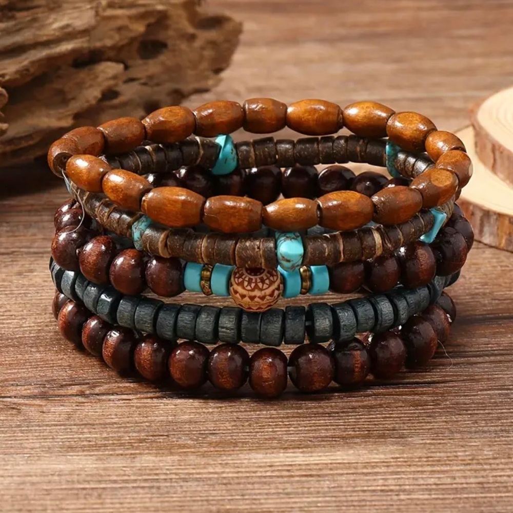 Natural Wood & Turquoise Bead Bracelet Stack – Boho Tribal Style (5pcs)